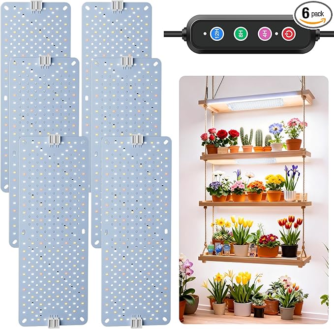 60W Ultra-Thin Panel Full Spectrum Grow Lights, 1152 LEDs Growing Light for Indoor Plants with Daisy Chain Function, Grow Lights for Seed Starting with 4/8/12/16/20H Auto On/Off Timer (6pcs)