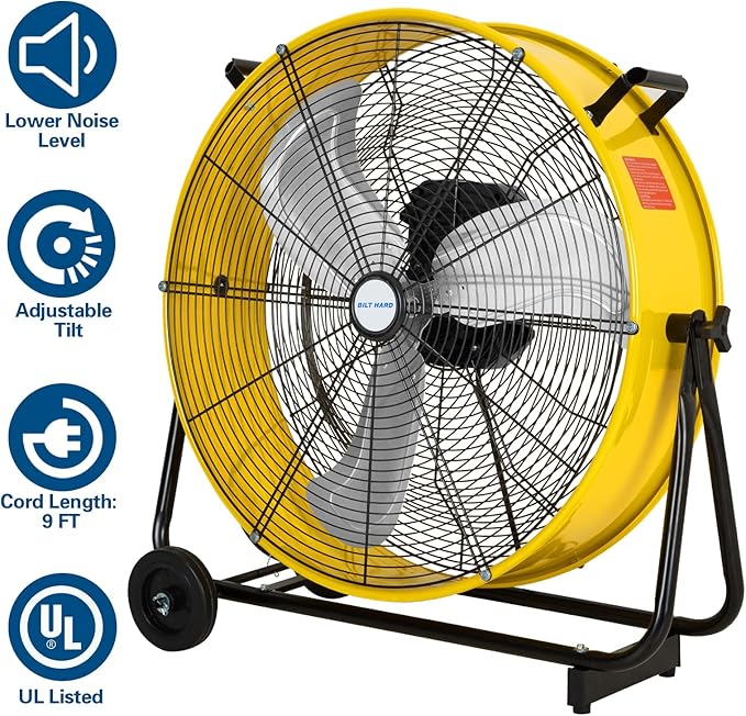 BILT HARD 24" Industrial Drum Fan With DC Motor, Ultra Quiet, 7800 CFM, Heavy Duty Tilt Metal Drum Fan for Garage, Warehouse, Workshops, Factory and Basement, UL Safety Listed