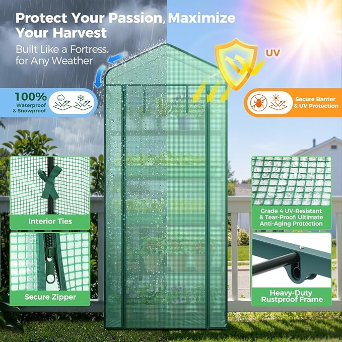 Mini Greenhouse for Indoor Outdoor: Ohuhu 23 x 19 x 75-Inch Small Plastic Plant Green House 5-Tier Rack Stand Portable Greenhouses with Durable PE Cover for Seedling, Ideal Gardening Gifts