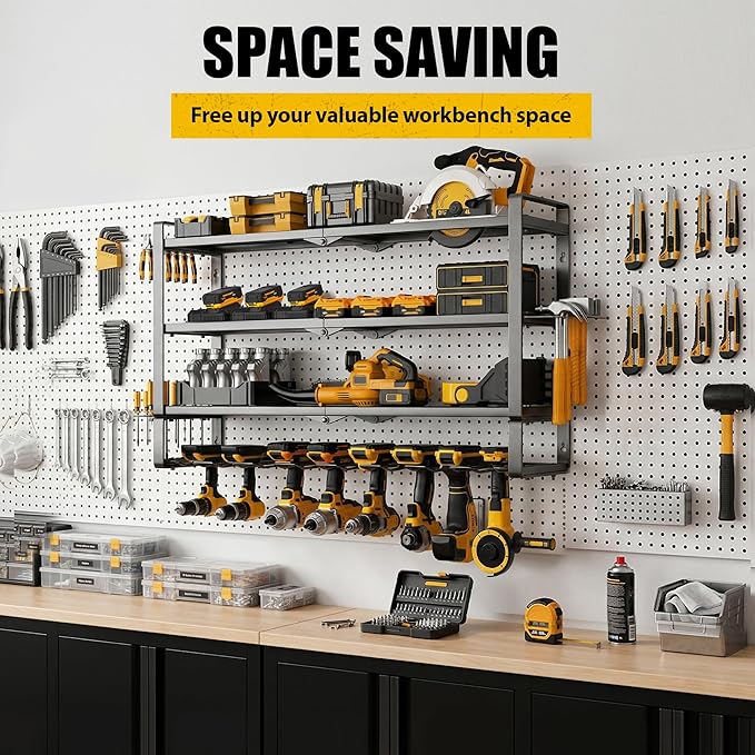MOOMSINE Large Power Tool Organizer Wall Mount, 4-Tier Heavy Duty Metal Storage Rack Loads 400lbs, Battery Tools Hanger with 8 Cordless Drill Holder for Garage, Workshop, Pegboard, Shed