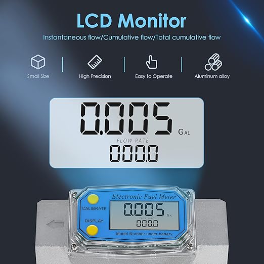 CGOLDENWALL 1.5 Inch Turbine Flow Meter LCD Digital Display Flowmeter with 1.5" Inlet/Outlet, Flowmeter for Diesel Kerosene Gasoline, Flow Rate Range 10-73.5 GPM