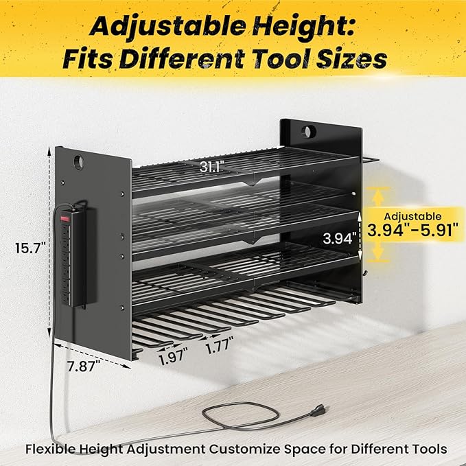 Hipidian Heavy Duty Adjustable Power Tool Organizer Wall Mount with Charging Station - 650lb Capacity 4 Layer Storage Rack with 8 Drill Holders for Garage Workshop Tools, Gifts for Men