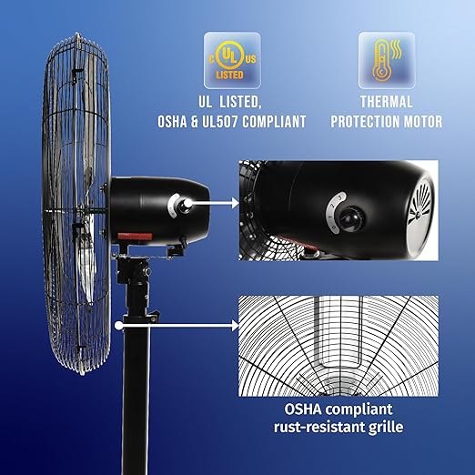 Tornado 24 Inch High Velocity Oscillating Metal Pedestal Fan Commercial, Industrial Use 3 Speed 7600 CFM 1/4 HP 6.6 FT Cord UL Safety Listed