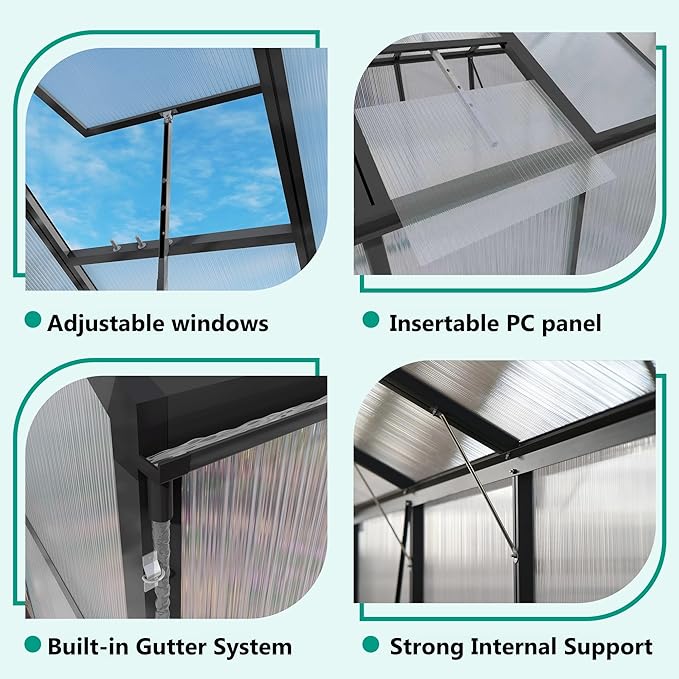 Greenhouse for Outdoors 8x12x7.8FT, Polycarbonate Greenhouse with Stronger Wind Protection and Roof Vent, Walk-in Large Aluminum Sunroom Winter Proof, Black