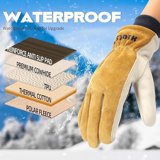 Mens Winter Work Gloves Insulated Waterproof Leather, Thinsulate Thermal Lining with Anti-Slip Palm for Cold Weather