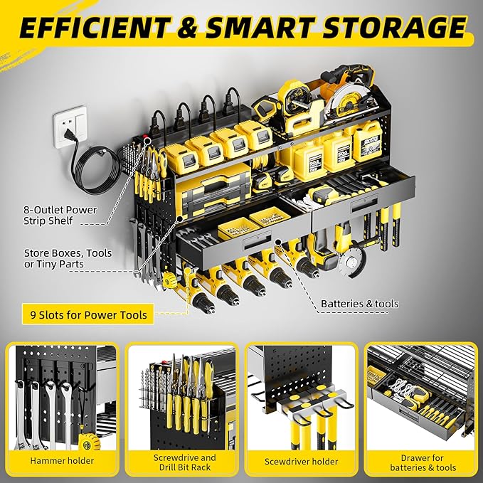 Power Tool Organizer Wall Mount Heavy Duty 400 lbs, 4 Layers Storage Rack with 9 Drill Holders & Battery Storage, Cordless Tool Organizer for Garage, Workshop & Tool Room