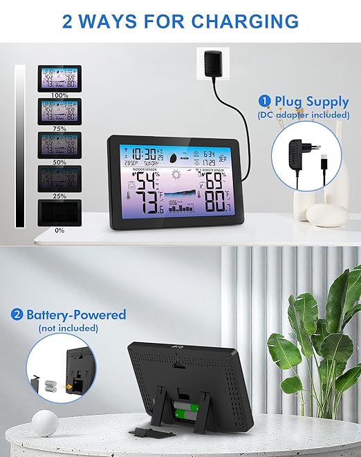 Weather Station Wireless Indoor Outdoor, Digital Thermometer with Accurate Temperature & Humidity, Large Color HD Display with Remote Sensor, Weather Forecast, Atomic Clock, Moon Phase