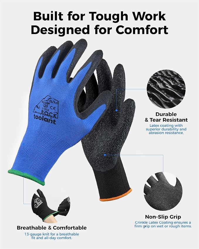 toolant Crinkle Latex Work Gloves Bulk, Rubber Coated Safety Work Gloves for Men and Women, 12 Pairs for Construction, Gardening, Warehouse (Black & Blue, X-Large)