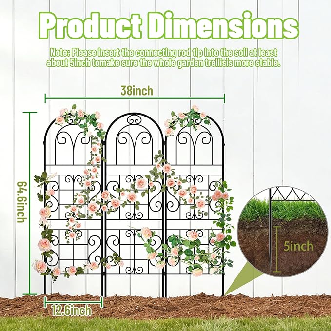 Garden Trellis for Climbing Plants, 3 Pack 38" Wx 64.6" H Rustproof Flower Trellis with Black Coating, Outdoor Climbing Rose Trellis Cucumbers Support for Courtyards Lawns (Curved Shape, 3 Pieces)