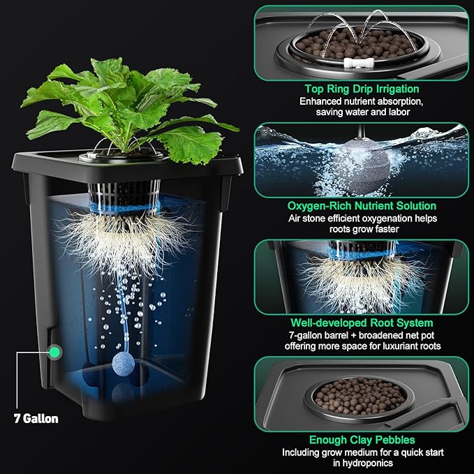 2 Buckets DWC Hydroponics Grow System with Top Drip Kit, 7 Gallon Deep Water Culture with Air Pump, Air Stone, Air Hose, Recirculating Drip Garden System