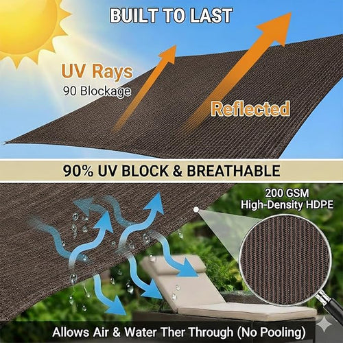10X15 FT 90% Sun Shade Cloth, Sunblock Shade Fabric with D-Rings, Sunshade Cover for Patio Pergola Deck, UV Protected Breathable Netting with Zipties & Ropes, Mocha