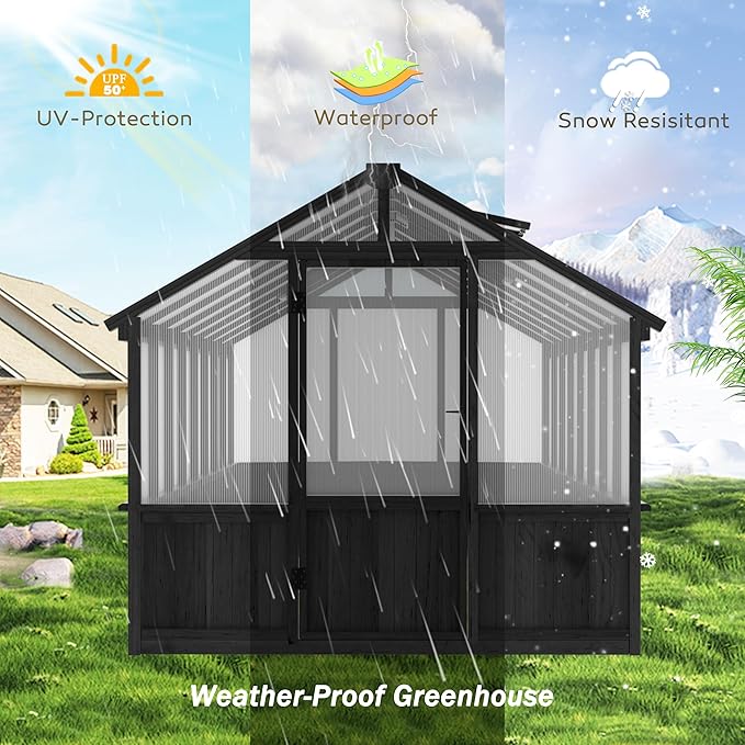 Mupater 8x16 FT Wooden Greenhouse, Heavy Duty Outdoor Garden Greenhouse Kit with Lockable Door & Vent Window, Large Walk-in Backyard Green House for Plants, Patio, Lawn, Black