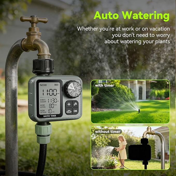 CMARS Sprinkler Timer for Garden Hose, Programmable Water Timer with Rain Delay & Manual Mode, Automatic Drip Irrigation System, Outdoor Hose Timers for Lawn Yard Watering, 1 Outlet