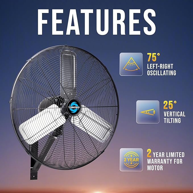 Tornado 24 Inch Pro Series High-Velocity Oscillating Wall Fan – 3-Speed, 7200 CFM, 6.6 FT Cord – UL Safety Certified for Commercial & Industrial Use