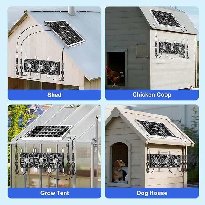 5.5" Solar Chicken Coop Fan 3 Kit, 30W Solar Powered Greenhouse Fan, Solar Exhaust & Intake Fans Outdoor Waterproof, for Outside Shed Doghouse Ventilation Air Circulation Cooling