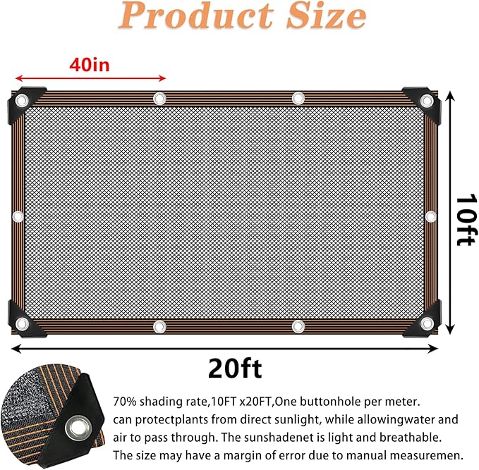 10x20FT Shade Cloth - for Garden Plants Greenhouse,70% Sunblock Shade Neting -for Outdoor Garden Pergola Patio Lawn Kennel Chicken Coop Easier to Hang Plant