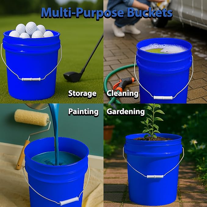 MKS Plastics 5-Gallon Bucket with Airtight Lid – Made in USA, Food Grade BPA Free Plastic, Heavy Duty Multi-Use, Metal Handle with Grip, Stackable Storage – Blue, 3 Pack
