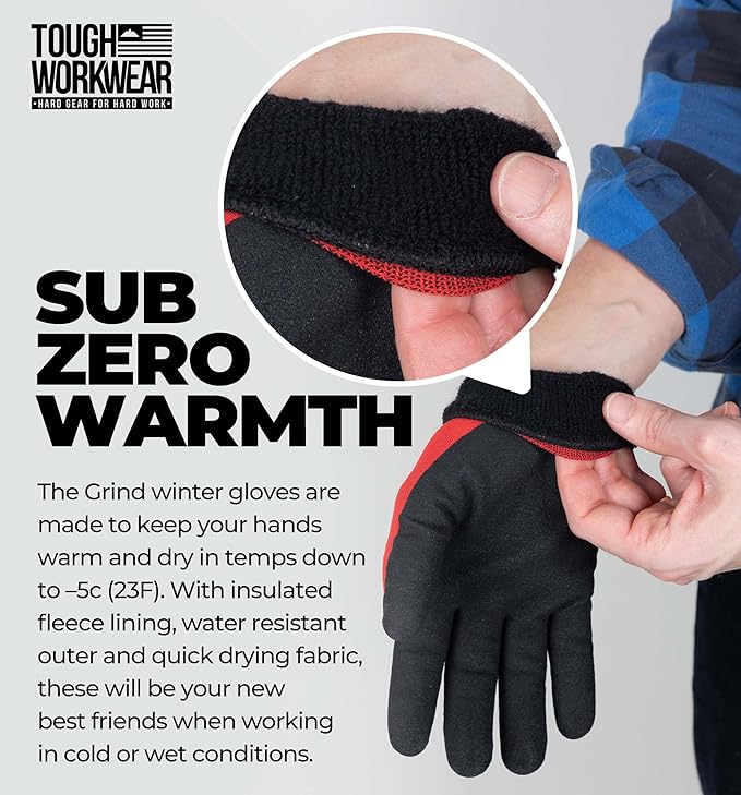Tough Workwear Winter Work Gloves - Men & Women - Cold Weather - Fleece Lined - Red