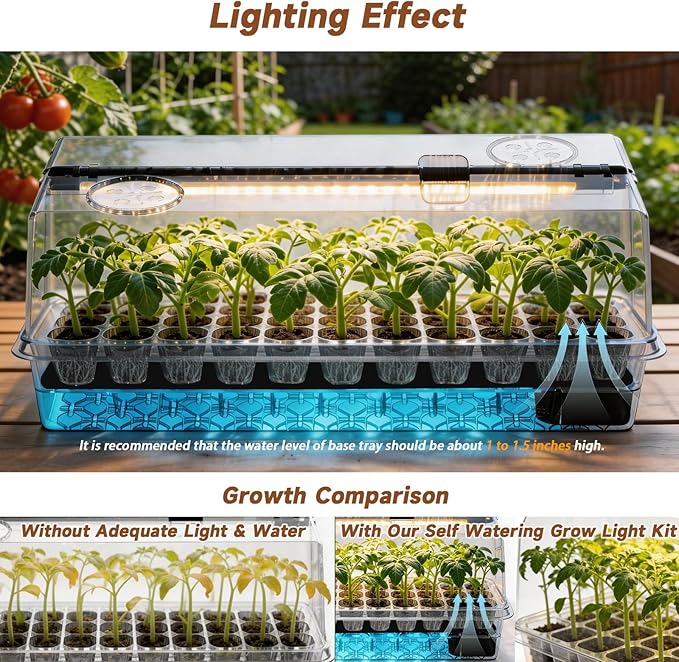 Seed Starter Tray Self Watering, Seed Starter Kit with Grow Light, Full Spectrum Grow Light for Seedling with Timer, Indoor Plant Grow Tray for Beginners & Seasoned Gardeners (144 Cells)
