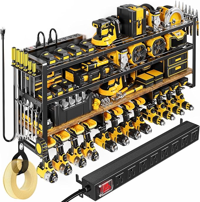 POKIPO 49.5" W Large Power Tool Organizer with Charging Station, 4 Layer Heavy Duty Utility Rack Loads 800lbs, Holds 12 Cordless Drills, Wall Mount Tool Shelf with 8-Outlet Power Strip, Gift for Men