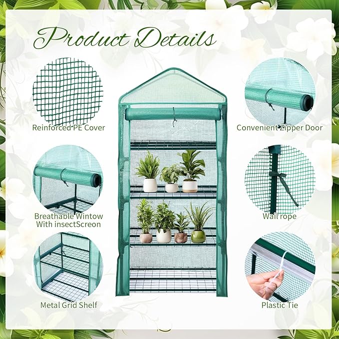 Baquler 4 Tier Mini Greenhouse Indoor Outdoor with 2 Grow Lights , 62'' H x 27'' L x 19'' W PE Cover Portable Winter Vented Greenhouse with Roll up Zipper Door Gardening Stand for Plant Seed Starting
