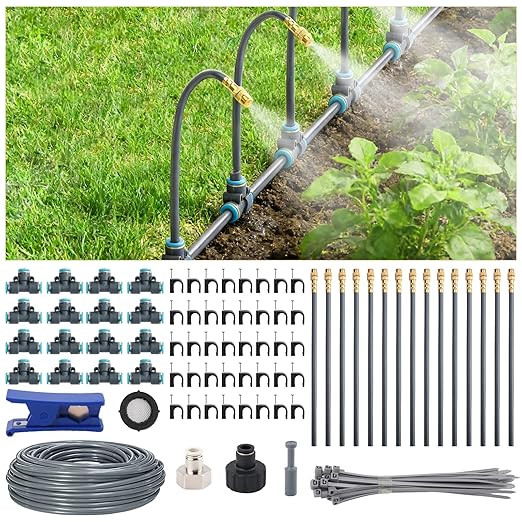 49FT 5/16" Quick-Connect Drip Irrigation System Kit, Automatic Garden Watering System with 15 Pcs Adjustable Spray Nozzles for Garden, Greenhouse, Yard, Lawn