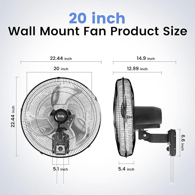 Xcity 20" Industrial Wall Mount Fan with Pull Cord, 90° Oscillating Shop Fan, 3-Speed High Velocity Airflow, Max 4650 CFM, Heavy Duty Metal for Garage, Workshop, Barn, Commercial, ETL Listed