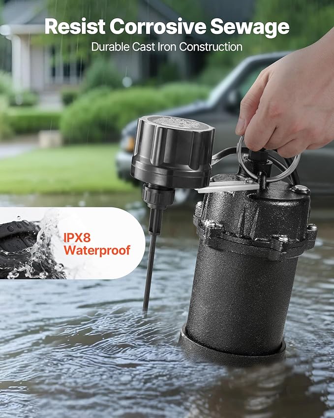 VEVOR Submersible Sewage Pump, 3/4 HP, 6000 GPH Cast Iron Sewage/Effluent Pump with Automatic Tethered Float Switch, 2-Inch NPT Discharge, 120V, 23 ft Max Lift, for Basement, Septic Tank, Residential