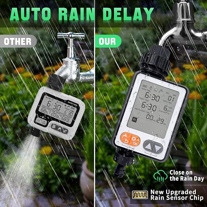 Water Timer for Garden Hose, 10 Programmable Sprinkler Timer with with Auto Rain Delay, IP54 Waterproof 3.3“ Large LCD Drip Irrigation System Timers for Plant, Yard, Lawns, Outdoor