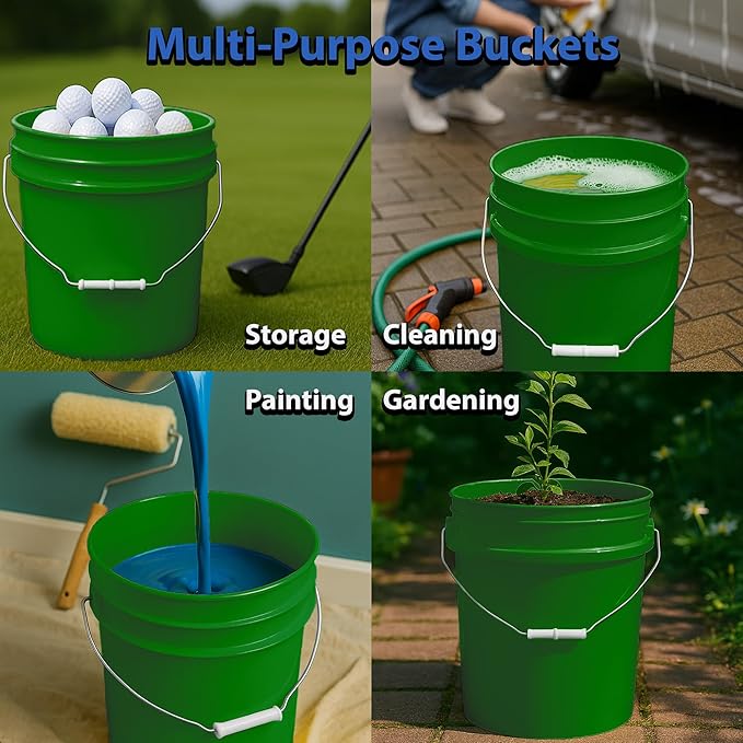 MKS Plastics 5-Gallon Bucket with Airtight Lid – Made in USA, Food Grade BPA Free Plastic, Heavy Duty Multi-Use, Metal Handle with Grip, Stackable Storage – Green, 6 Pack