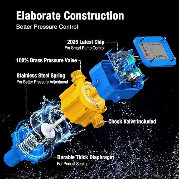 Smart Pressure Switch for Well Pump, Automatic Water Pumps Switch, Dry-running Protection for Submersible/Shallow Well/Garden/Jet/Self-priming Pump, Power&Pump Cable Included, 110V-120V
