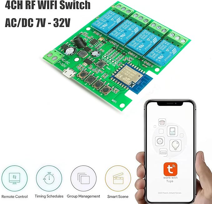 4CH Wireless Relay Module | Smart Home Control | Remote Switch | Self-Locking Mode | Tuya APP & Bluetooth Compatible
