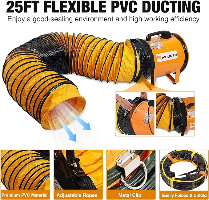 MOUNTO 12-Inch Heavy Duty Cylinder Axial Fan with 25-Foot Vinyl Hose | High-Performance Portable Blower/Exhaust Fan | 2900 CFM Directional Airflow for Crawl Spaces, Attics, Basements