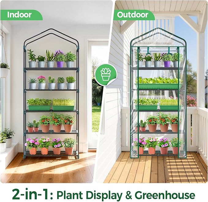 Mini Greenhouse for Outdoors Indoor: Ohuhu 23 x 19 x 75-Inch Small Plants Green House with 5 Tier Shelves, Portable Plastic Greenhouses with Heavy Duty Clear PVC Cover for Garden Patio Porch Balcony