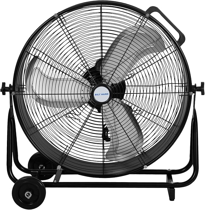 BILT HARD 24" 8100 CFM High Velocity Industrial Drum Fan, 3 Speed Heavy Duty Tilt Metal Shop Fan, Ideal for Garage, Warehouse Factory and Commercial Use, Black
