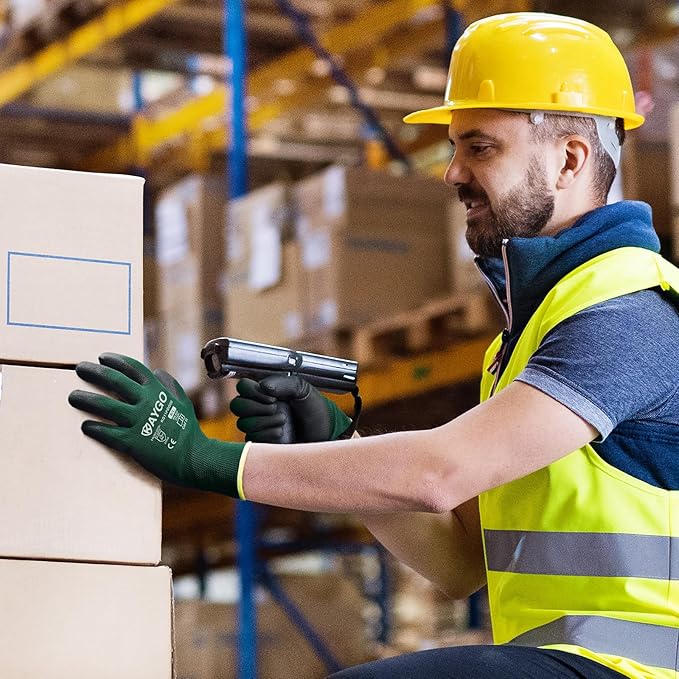 KAYGO Work Gloves for Men and Women,12 Pairs Seamless Knit PU Coated Safety Gloves, with Smooth Grip on Palm and Fingers, Ideal for Light Warehouse, Manufacturing, Gardening, KG11P (L,Dark Green)