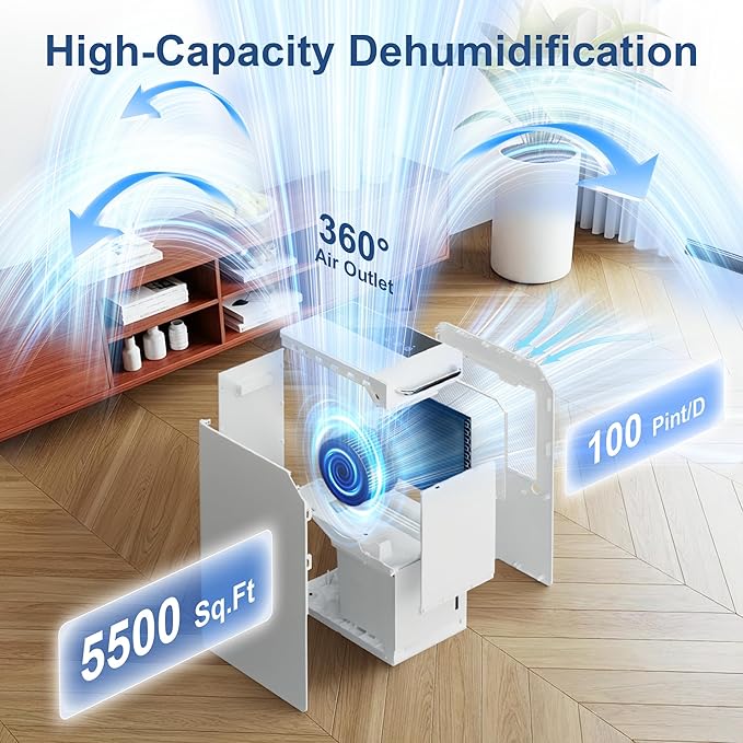 5500 Sq.Ft Dehumidifier for Basement for Whole Home with Drain Hose 100 Pint, Portable Big Dehumidifiers, 1.6GAL Water Tank, Auto Defrost, Smart Humidity Control, Energy Efficient&Quiet for Bathroom