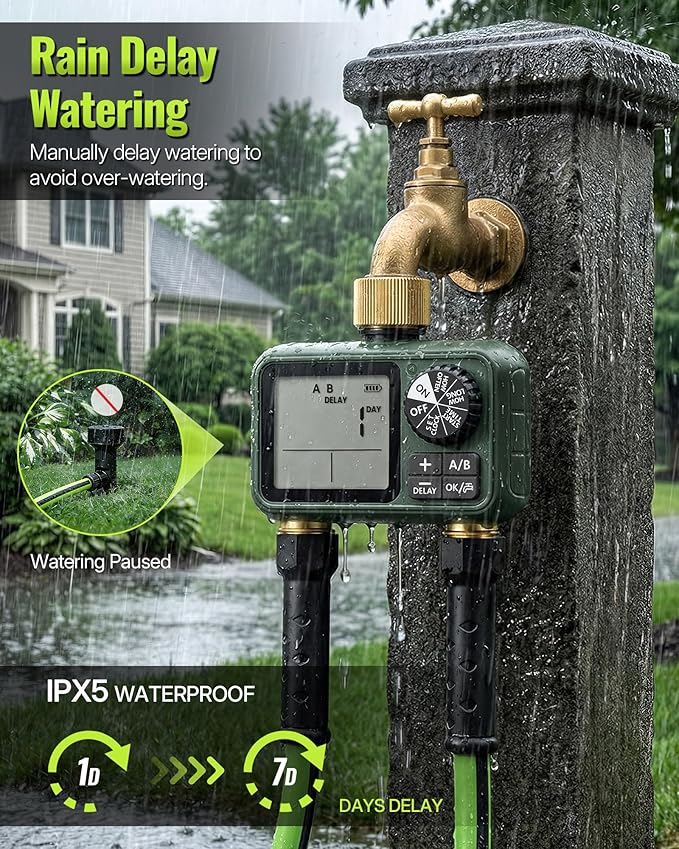Brass Sprinkler Timer with Swivel, Programmable Water Timer for Garden Hose with Auto/Manual/Rain Delay Watering, Digital Irrigation System Kit,for Garden, Yard, Lawn 2 Outlet F12WT06