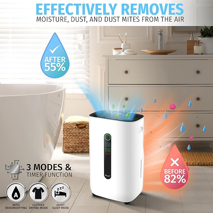 Nyxi 4,500 Sqft / 50 Pints Powerful Compressor Dehumidifier, Smart Digital Humidity Control, XL Water Tank 1.7 Gallon, Drain Hose Option, 24-Hour Timer, Removes Moisture for Home, Laundry, Office