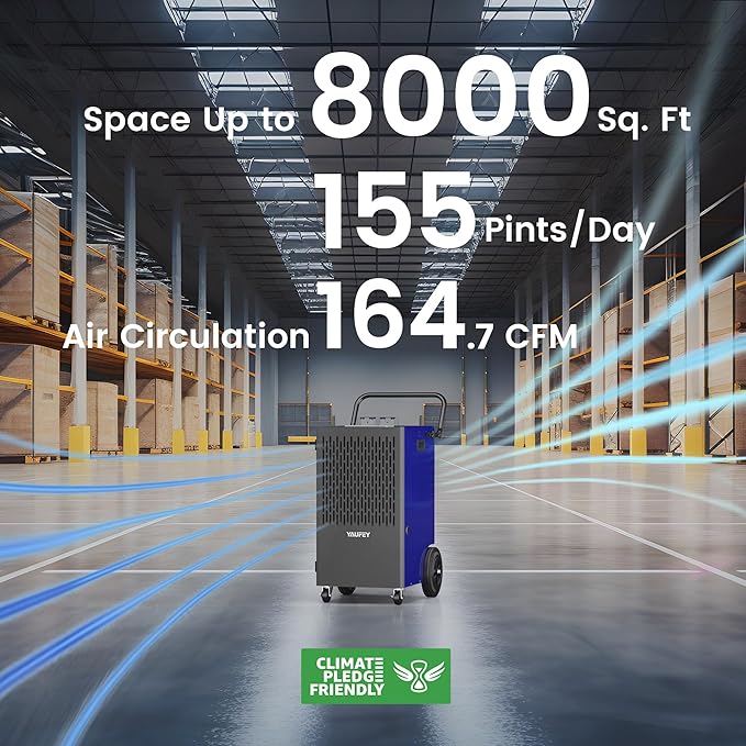 Yaufey 155 Pints Commercial Dehumidifier with Pump, for Basement up to 8000 Sq. Ft, Large Capacity Industrial Dehumidifier for Large Room with Intelligent Humidity Control