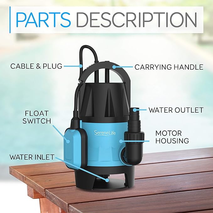 SereneLife 400W Submersible Pump Clean Dirty Water Powerful Utility Sump Pump Auto Float Switch,16 ft. Cord, Basement, Yard, Swimming Pool, Pond, Flooded Area, Garden or Flat Hose