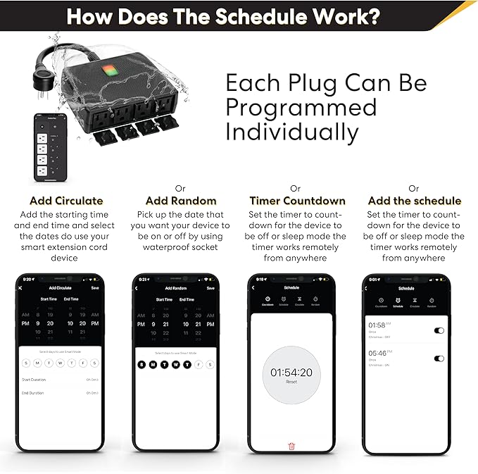 Smart Heavy Duty Outdoor Power Strip WiFi Plug Water-Resistant Socket, Electrical Power Extension Cord, Outlet Switch and Timer Works Remotely with Alexa, G Assistant (4 Sockets) Black