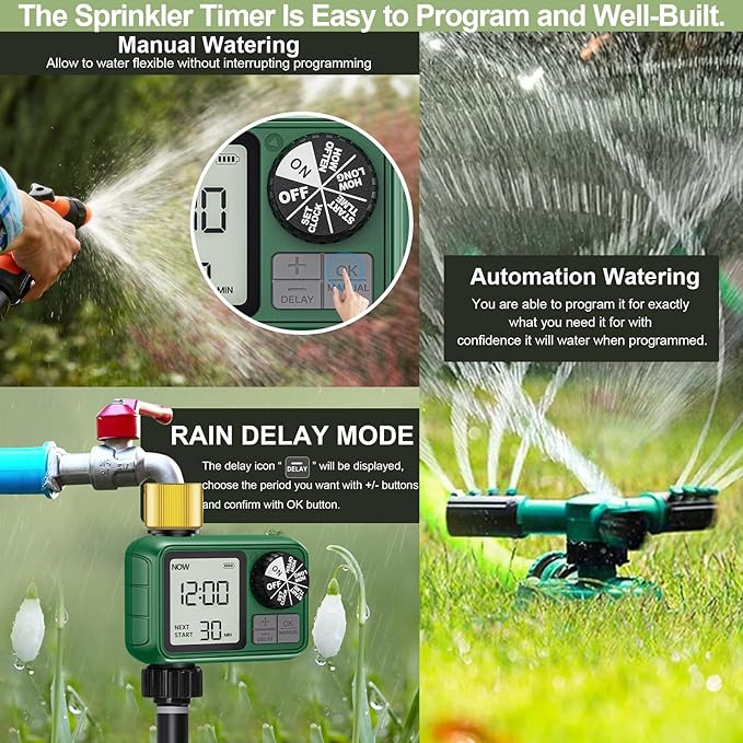1 Zones Brass Inlet & Outlet Water Timer for Outdoor Garden Hose, Sprinkler Timer for Garden Faucet with Auto/Manual/Rain Delay Mode, Sprinkler Irrigation Controller for Yard Lawn