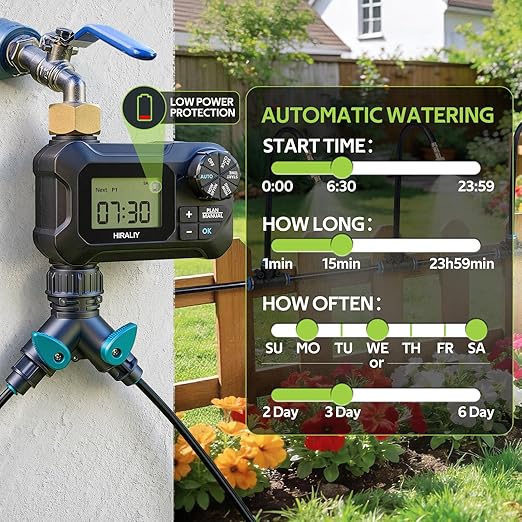 HIRALIY 360° Adjustable Drip Irrigation System 164FT with Timer, 1/4" Tubing and Adjustable Copper Nozzles, Automatic Atomizing Watering Kit for Garden, Yard, Lawn, Greenhouse & Potted Plants