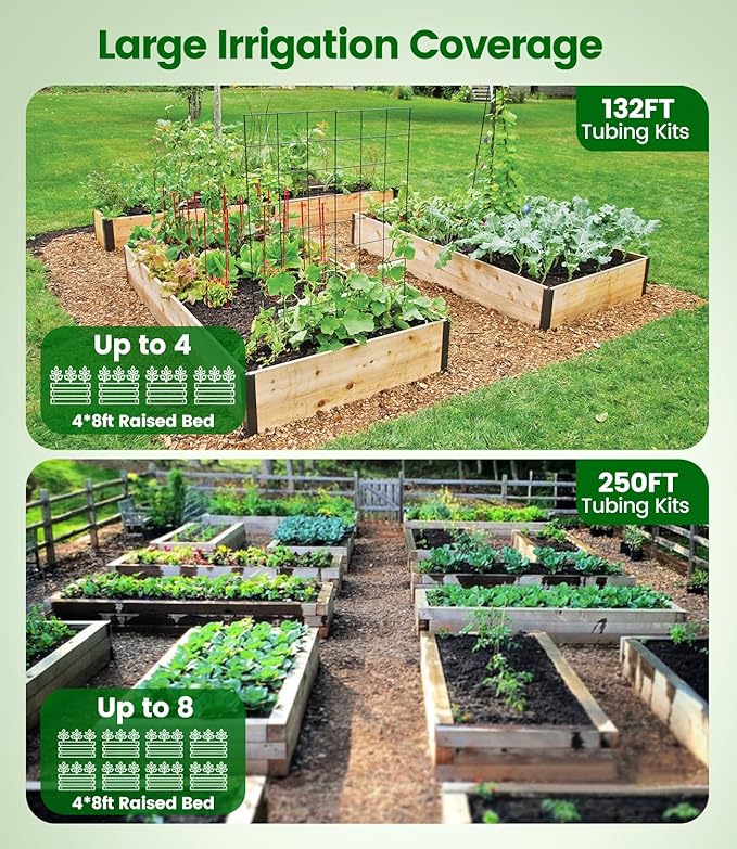 132FT Drip Irrigation Tubing Kit with 1/2 inch Drip Irrigation Tubing, 1/4 inch Irrigation Dripline, and Irrigation Parts for Garden, Raised Beds, and Greenhouse Watering