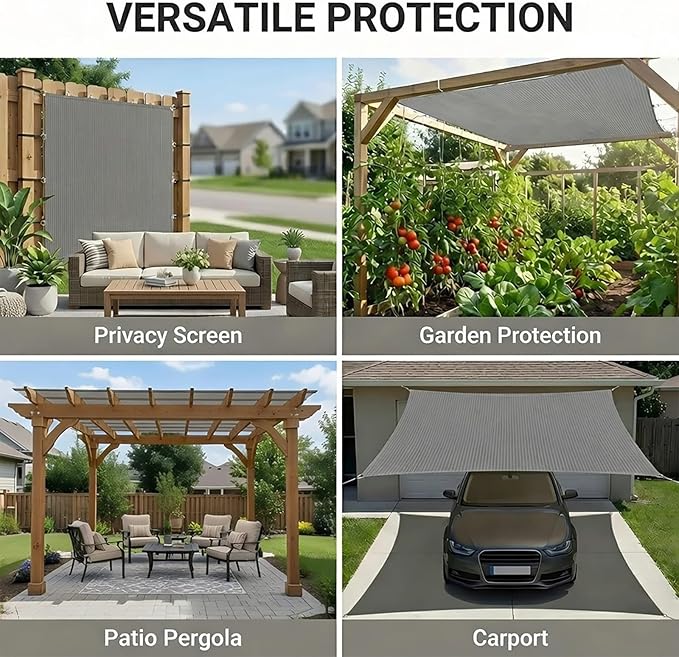 12X12 FT 90% Sun Shade Cloth, Sunblock Shade Fabric with D-Rings, Sunshade Cover for Patio Pergola Deck, UV Protected Breathable Netting with Zipties & Ropes, Gray