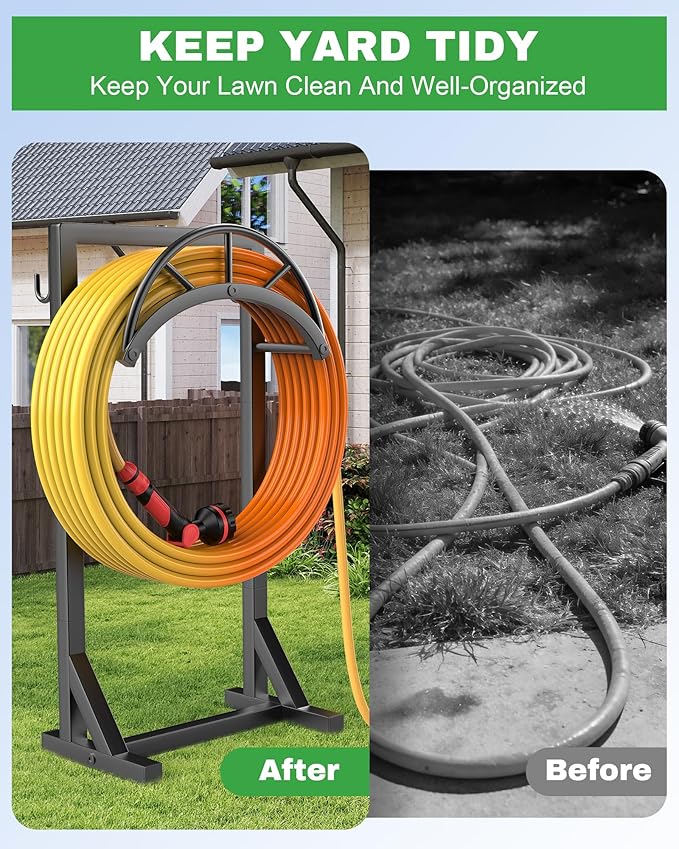 Garden Hose Holder and Hanger, Metal Water Hose Storage Stand, Upgraded Freestanding Water Hose Organizer Rack with 2 Tool Hooks for Outdoor Yards, Farms and Lawns, Black