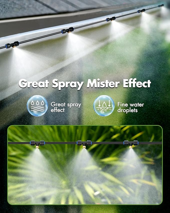 Misters for Outside Patio with Water Filter - 59Ft(18M) Misting system Line 20 Brass Mist Nozzles Brass Adapter(3/4") Patio Misters for Cooling Outdoor Greenhouse Backyard Porch Garden BBQ Party Pool