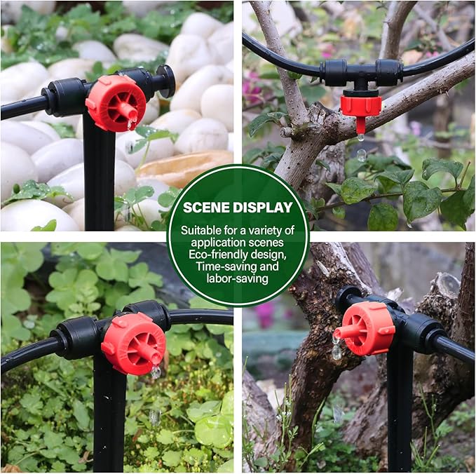 Kalolary 30Pcs Push-to-Fit Drip Irrigation Emitters 1 GPH Pressure Compensating Drippers with Constant Water Flow Drip Irrigation System Parts for 1/4 Inch Irrigation Tubing with 6PCS End Plugs (Red)