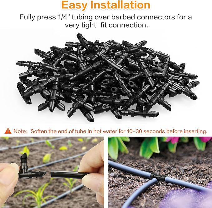 Gardrip Drip Irrigation Tee Fittings：100 Pieces Barbed Tee Irrigation Parts with Sharp End Fits for 1/4 Inch Drip Irrigation Tubing Drip Line T Connectors for Garden Lawn System